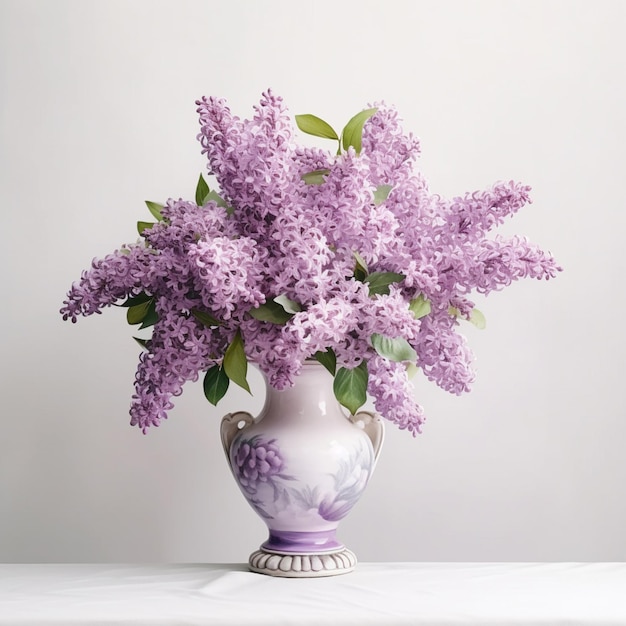 Eine Vase mit lila Blumen darin, auf der „Flieder“ steht.
