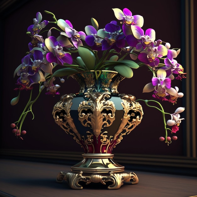 Eine Vase mit lila Blumen und einem goldenen Sockel mit Goldrand.