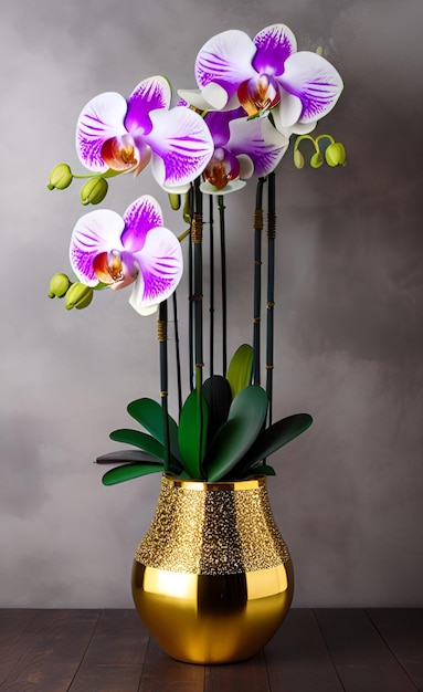 Eine Vase mit lila Orchideen und grünen Blättern darin