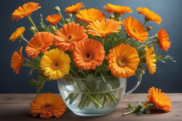 eine Vase mit orangefarbenen Blumen mit den Worten blumen auf dem Tisch