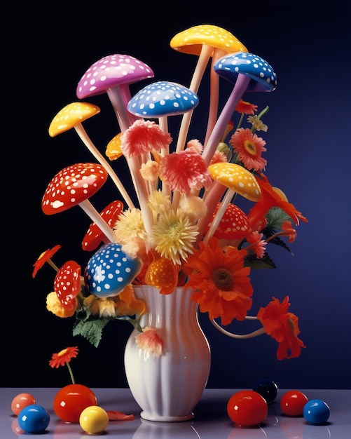 eine Vase mit Pilzen und Blumen