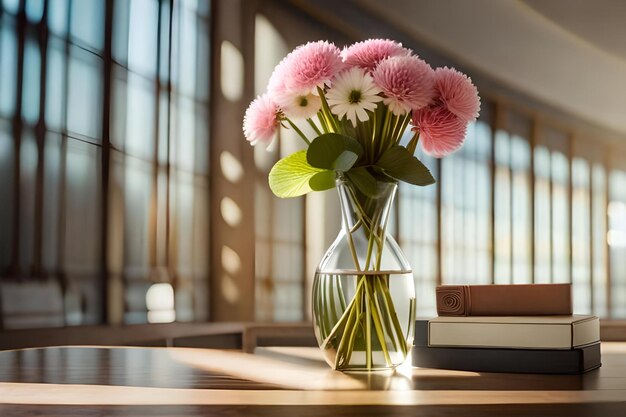 Foto eine vase mit rosa blumen auf einem tisch mit einem fenster im hintergrund.