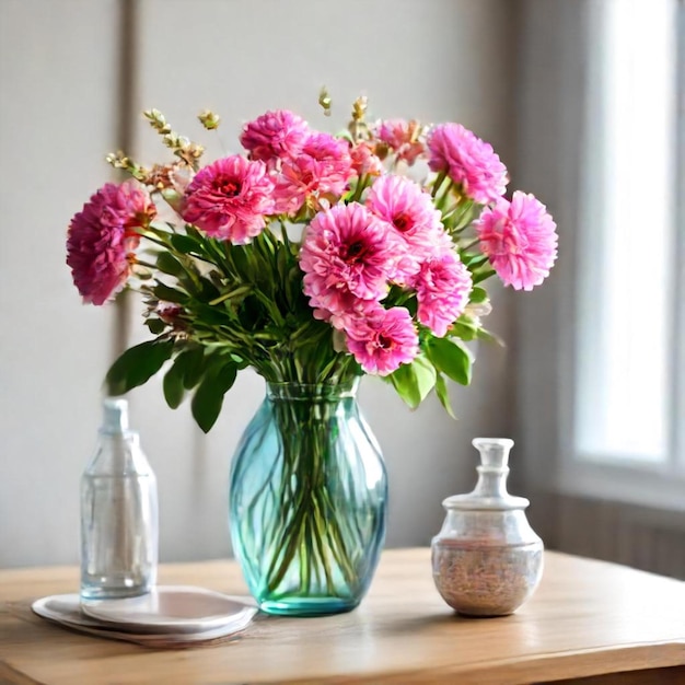 eine Vase mit rosa Blumen auf einem Tisch neben einer Vase mit einer Vase von Blumen