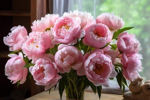 Eine Vase mit rosa Blumen mit einem weißen Vorhang.