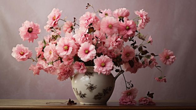 Eine Vase mit rosa Blumen oben auf einem Tisch