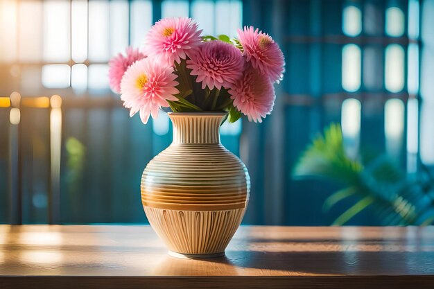 eine Vase mit rosa Blumen sitzt auf einem Tisch