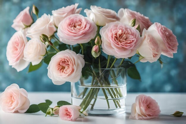 Foto eine vase mit rosa rosen mit grünen blättern und einer weißen rose in der mitte.