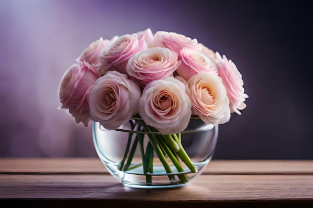 eine Vase mit rosa Rosen mit grünen Stängeln