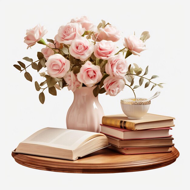 eine Vase mit rosa Rosen und ein Buch mit einem Buch drauf