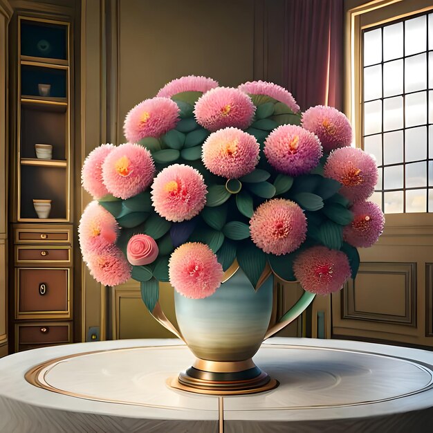 eine Vase mit rosa und gelben Blumen auf einem Tisch.