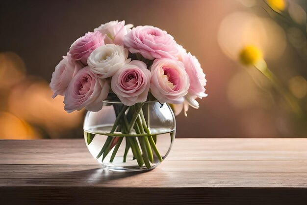 eine Vase mit rosa und weißen Rosen sitzt auf einem Holztisch