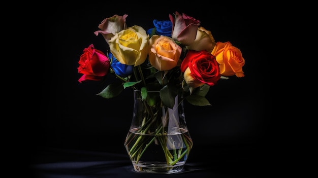 Eine Vase mit Rosen mit schwarzem Hintergrund und schwarzem Hintergrund.