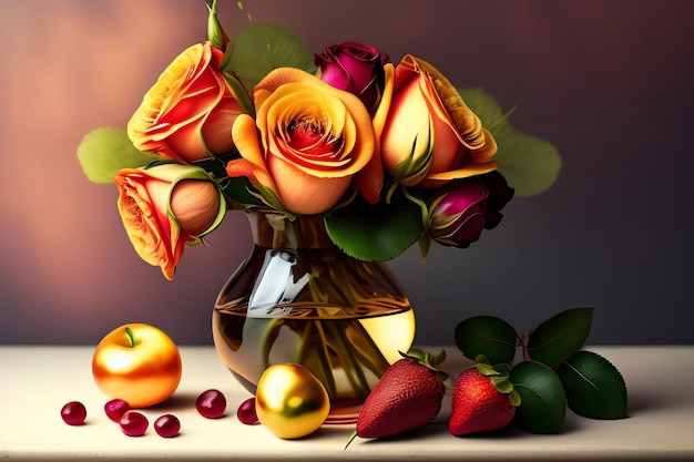 Eine Vase mit Rosen und Erdbeeren mit violettem Hintergrund.