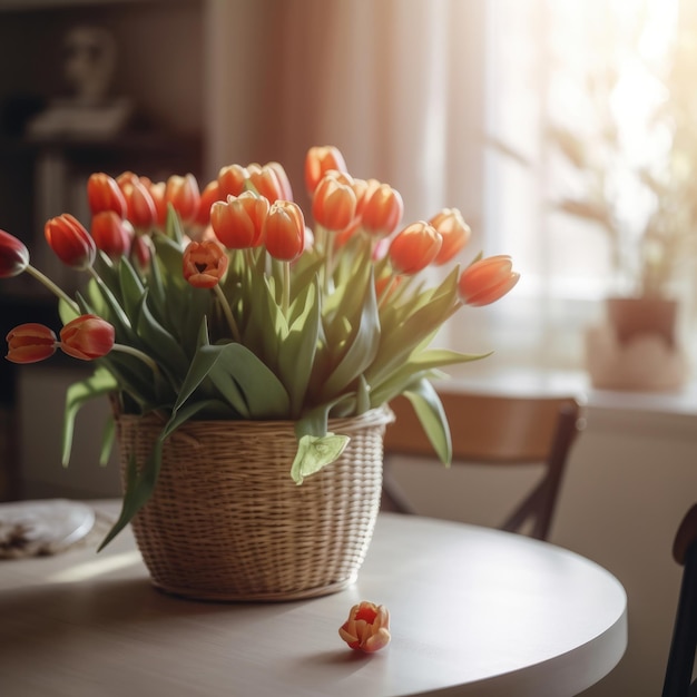 Eine Vase mit roten Tulpen steht auf einem Tisch neben einer Blume.