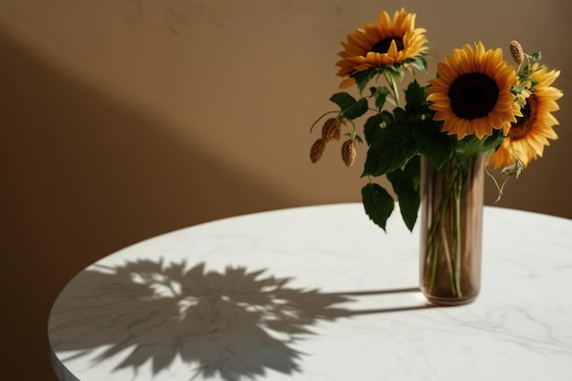 Eine Vase mit Sonnenblumen steht auf einem Tisch mit dem Schatten einer Blume.