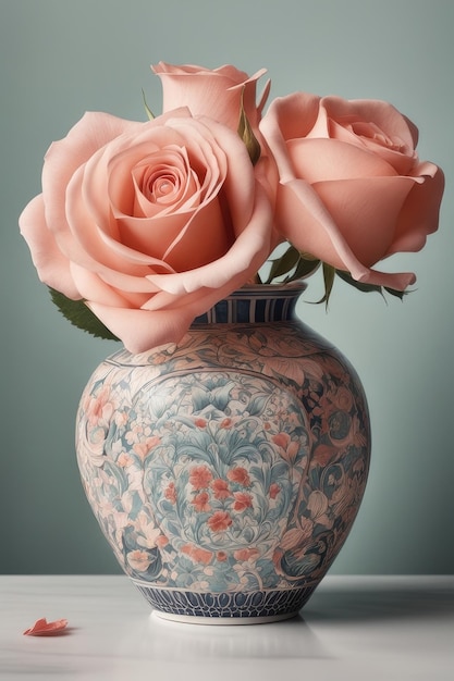 Foto eine vase mit traumhaften rosa rosen