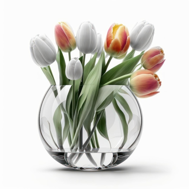 Eine Vase mit Tulpen sitzt auf einem weißen Hintergrund.