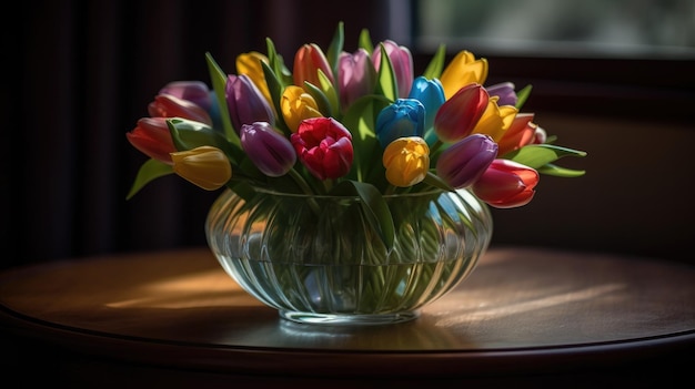 Eine Vase mit Tulpen steht auf einem Tisch mit einem Fenster dahinter.