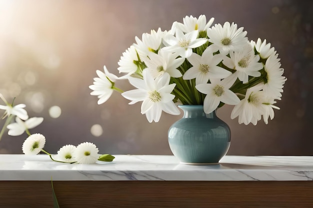 Eine Vase mit weißen Blumen auf einem Tisch mit der Aufschrift „Vase“.