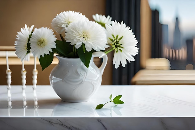 Eine Vase mit weißen Gänseblümchen steht auf einem Tisch mit einer Vase mit Blumen.