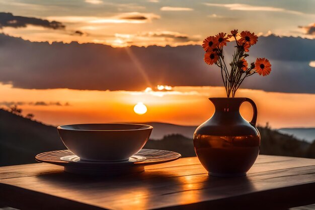 Eine Vase und einige Teller auf einem Tisch mit einem Sonnenuntergang im Hintergrund