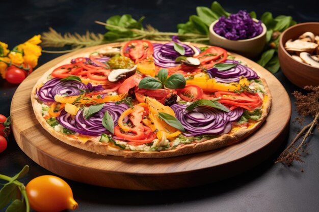 Eine vegane Pizza, garniert mit buntem Gemüse