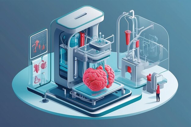 eine Vektorgrafik von Studenten, die 3D-Bioprinter verwenden, um künstliche Organe für die medizinische Forschung zu erstellen. Vektorillustration im flachen Stil