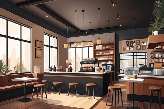 Foto eine vektorillustration des innenraums eines modernen cafés