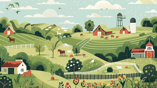 Eine Vektorillustration einer Farm Es gibt grüne Hügel eine rote Scheune ein Silo und ein weißes Haus