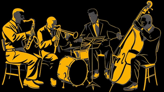 Eine Vektorillustration einer Jazzband Die Band besteht aus einem Saxophonisten, einem Trompeter, einem Schlagzeuger und einem Kontrabassisten