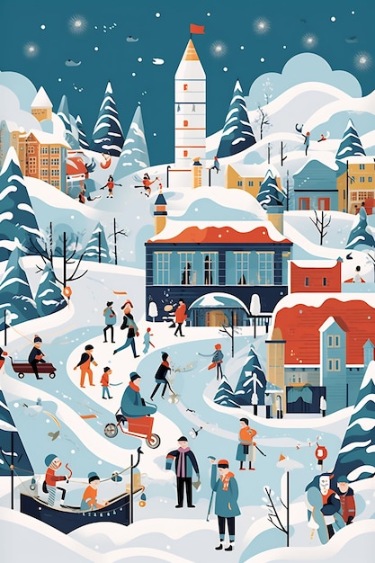 eine Vektorillustration einer Winterszene mit Skifahrern und mit Schnee bedeckten Häusern