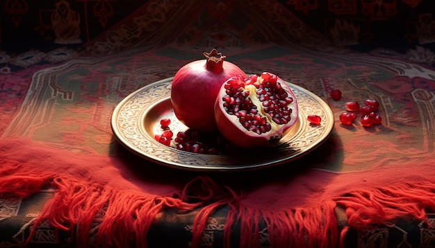 Foto eine vektorillustration eines granatapfels und der kupferseite auf einem persischen teppich