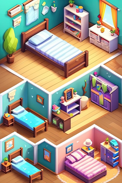 eine Vektorillustration eines Schlafzimmers mit einem Bett und einer Kommode.