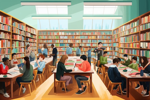 Eine Vektorillustration von Studenten, die in einer Bibliothek mit Bücherregalen und grünem Hintergrund studieren.