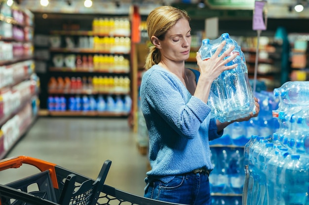 Eine verängstigte und traurige Frau in einer Krise kauft Wasser in einem Supermarkt und stockt Trinkwasser auf
