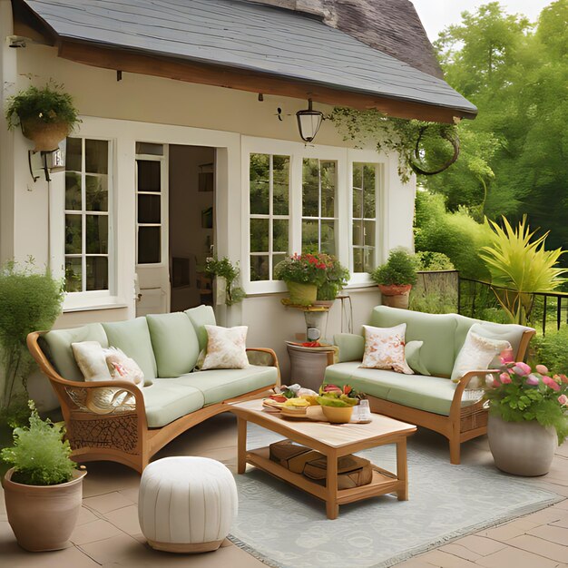 eine Veranda mit einer Veranda mit einem Sofa und einem Tisch mit einem Pflanzer darauf