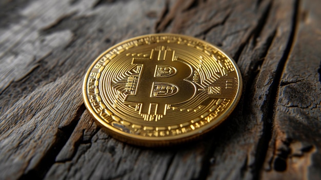 Eine vergoldete Kryptowährung auf einem hölzernen Hintergrund