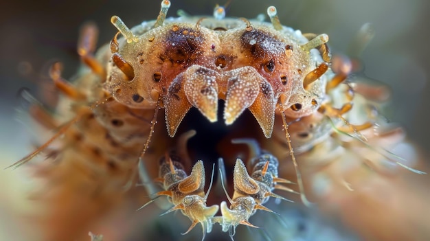 Eine vergrößerte Ansicht einer parasitären Larve mit offenem Mund zeigt Reihen von scharfen Haken, die verwendet werden, um