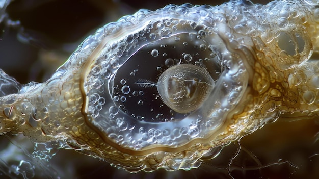 Eine vergrößerte Ansicht eines Nematoden-Eies mit einer strukturierten Außenfläche und einem klaren sich entwickelnden Embryo