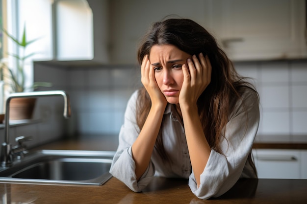 Foto eine verlassene frau an ihrer küchenspüle, die besorgt über ein sanitärproblem aussieht