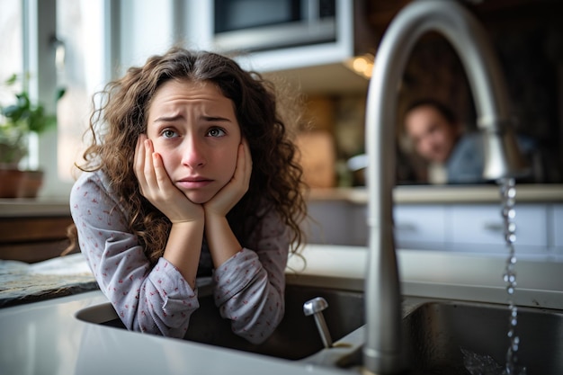 Foto eine verlassene frau an ihrer küchenspüle, die besorgt über ein sanitärproblem aussieht