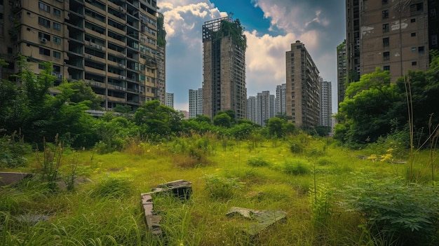 Eine verlassene Metropole, überwachsen mit Gras und Bäumen, eine Stadt, die von der Natur verschluckt wurde.