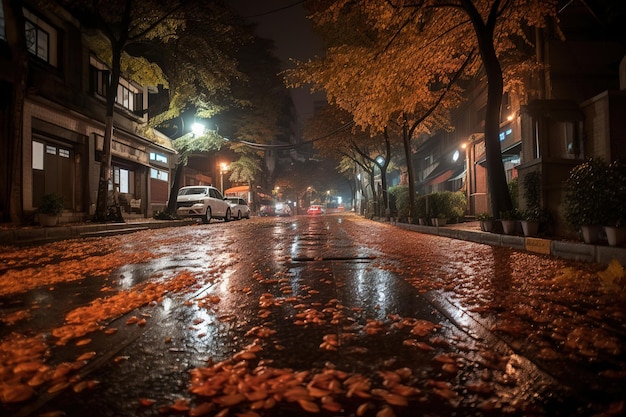 Eine verregnete Straße im Regen mit einem Schild mit der Aufschrift „Herbst“