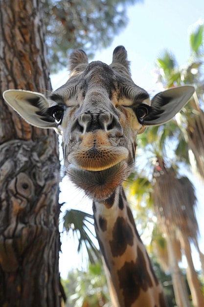 Eine verrückte Giraffe mit einem langen Hals, großen Wimpern und einem überraschten Ausdruck