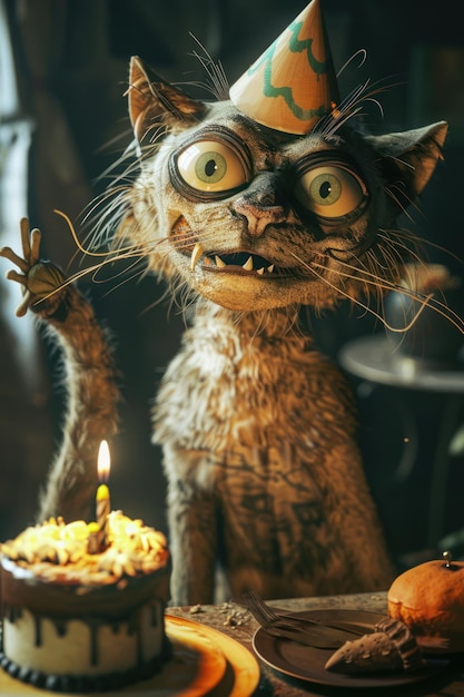 Eine verrückte graue Katze mit Mütze sitzt am Tisch neben einem Kuchen mit Kerze Fürsorge und Liebe für Haustiere Geburtstagskatte