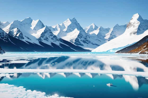 Eine verschneite Berglandschaft mit Bergen und einem blauen See