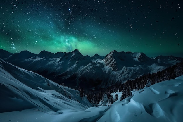 Eine verschneite Berglandschaft mit einem grünen Stern darüber