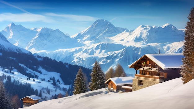 Eine verschneite Berglandschaft mit einem Haus im Vordergrund