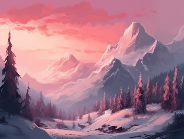 Eine verschneite Berglandschaft mit einem rosa Himmel und einem schneebedeckten Berg im Hintergrund.
