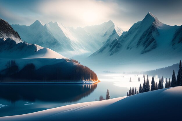 Eine verschneite Berglandschaft mit einem See und Bergen im Hintergrund.